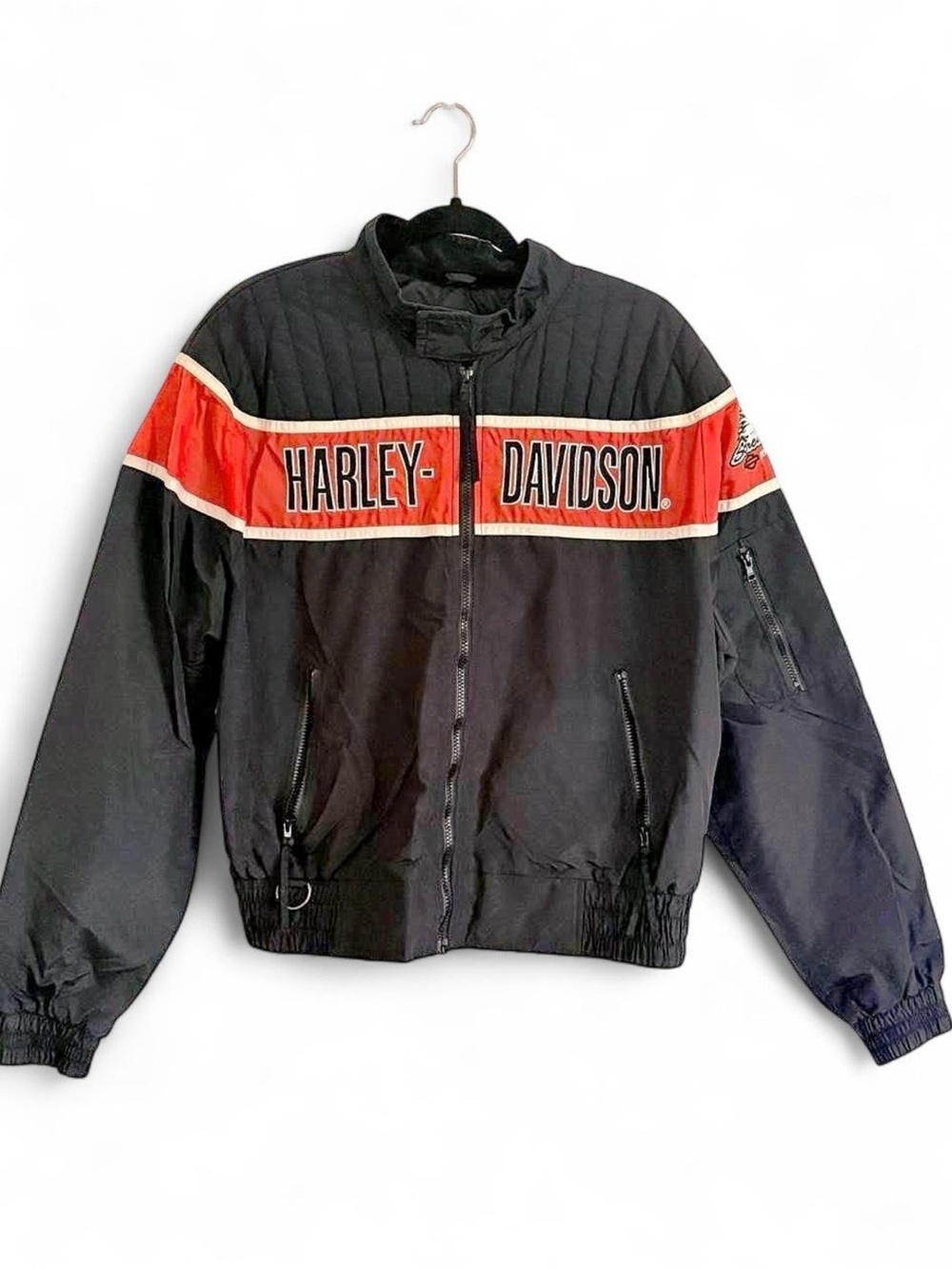 Harley Davidson Motorcycle Racing Jacket Black Orange White Nylon Men's Biker